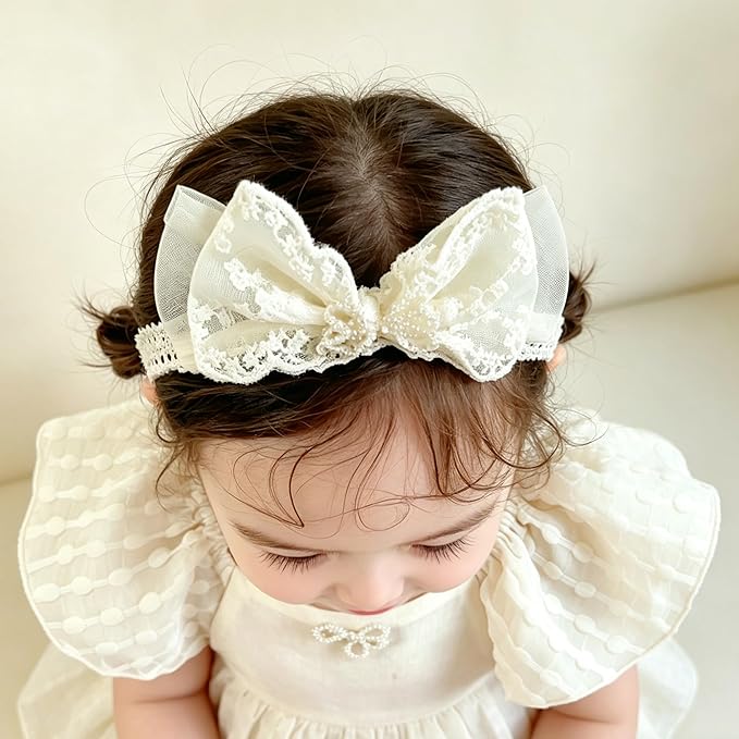 Baby Girls Bow Lace Headband Cute Soft Hairband White Butterfly Knot Headbands for Newborn Infants Toddlers Kids Christening Baptism Birthday Party Hair Accessories（Beige C）