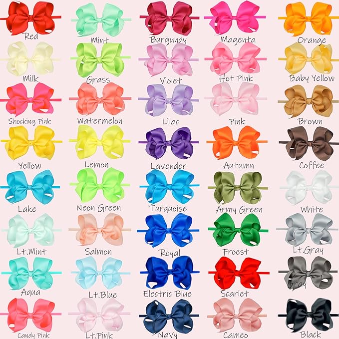 CÉLLOT 40 Colors Baby Bow Headbands 3.5" Hair Bows Super Soft Nylon Headbands for Baby Girls Infants preemie and Newborn Kids Hair Accessories