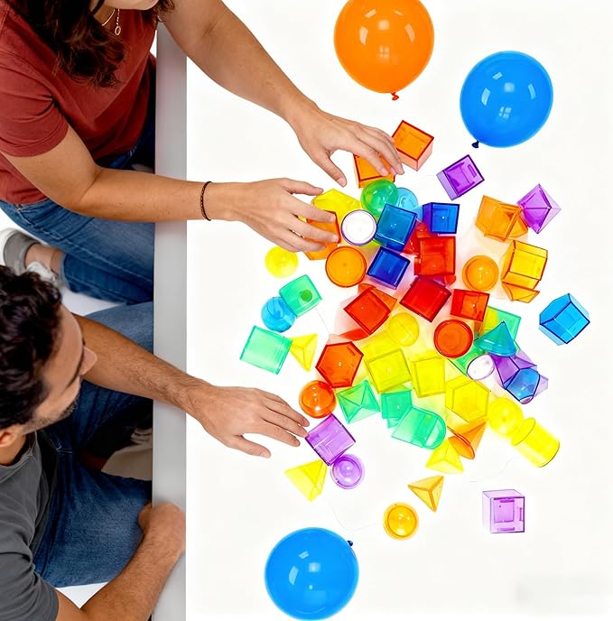 Bbiamsleep 76 Pcs Counting 3D Geometric Solids Colorful Plastic Geometric Shape Light Table Manipulative Counting Sorting Sensory Bin Filler Fine Motor Skills for Light Table Sorting Training