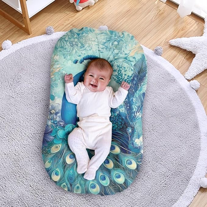 Peocack Baby Lounger Cover for Boys, Boho Floral Newborn Snuggle Me Lounger Covers, Removable Nest Slipcover Soft Comfortable 31.5'' x 21.3''