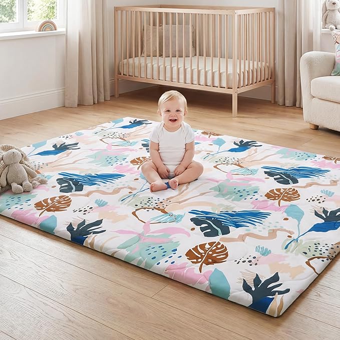 1.5" Thicker Baby Play Mat for Floor, 59x71 Removable & Machine Washable Cover Playpen Mat Softness Foam Mats, Easy-Clean Hygienic, Comfort Safety Kids Crawling (Tummy Time Leaves)