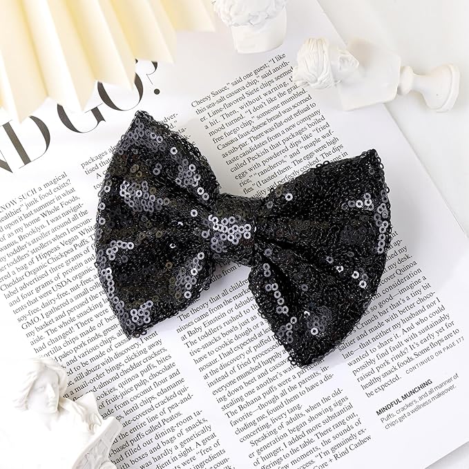 Hair Clip for Girls, 5 inches Sequins Large Bow with Alligator Clip for Bows Hair Accessories, Black