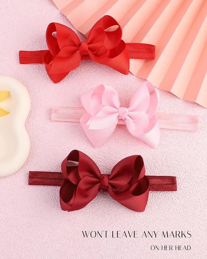 jollybows Hairband - 3 PCS 4" Baby Girls Headbands Boutique Grosgrain Ribbon Hair Bows for Baby Girls Infants Toddler Kids Teens and Children - Pink, Red, Burgundy