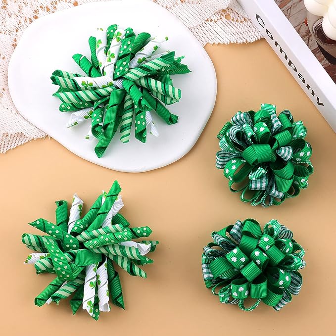 St Patricks Day Korker Hair Bow Clip 3'' Irish Green Shamrock Curly Corker Fireworks Alligator Barrette Toddler Baby Girls Kids Pattys Christmas Holiday Favor Gift Accessories