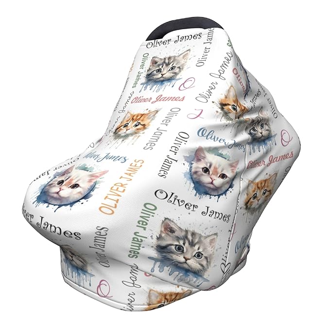 Personalized Car Seat Covers with Name, Cat Baby Canopy Carrier Cover, Breathable Breastfeeding Nursing Cover, Stretchy Multi-Use Infant Carseat Stroller Cover