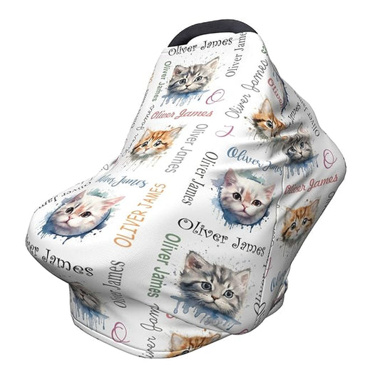 Personalized Car Seat Covers with Name, Cat Baby Canopy Carrier Cover, Breathable Breastfeeding Nursing Cover, Stretchy Multi-Use Infant Carseat Stroller Cover