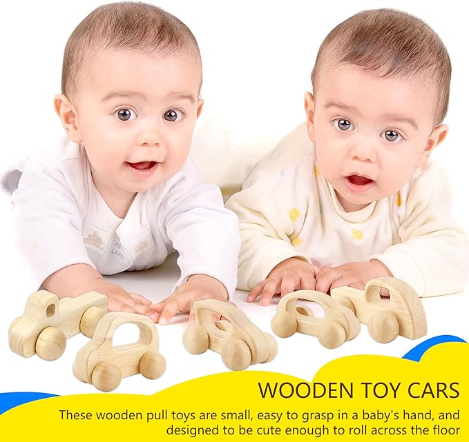 4 Pieces Wooden Toy Cars Mini Push Wood Truck Car Natural Wood Toys for Baby Toddler Birthday Party Gifts Nursery Decoration, 4 Styles