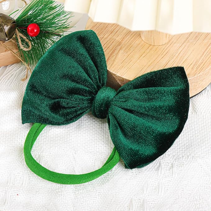 YanJie Hairband - Handmade Stretchy Nylon Hairbands with 3 Green-velvet Bows, Ideal for Baby Infants Toddlers Child, Unisex-B, 1 Count (Pack of 3)