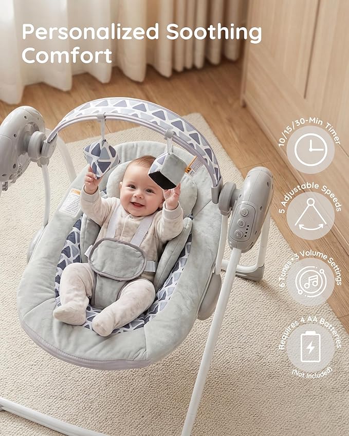 Baby Swings for Infants, Portable Baby Swing Folds Easy with Adaptable Speed, Music,Timer,Baby Swing Indoor/Outdoor,Infant Swing for Babies 0-6 Months 6-20 lbs Grey