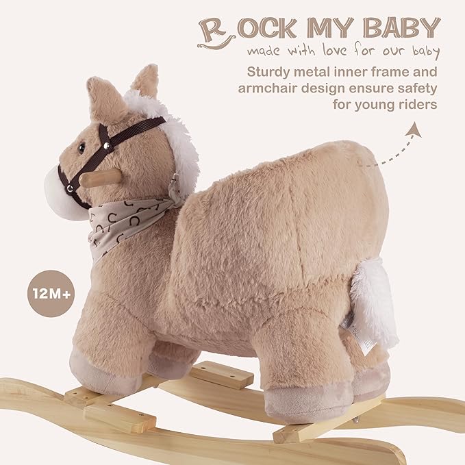Rock My Baby Rocking Horse, Baby Animal Rocking Horse with Seat, Ride on Horse, Plush Rocking Horse with Realistic Sound, Wooden Rocking Horses Ages 1-3 (Caramel Color Horse), CPC Certified