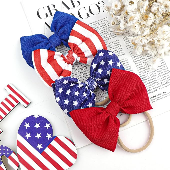 YanJie 4th of July Flag Baby Nylon Headbands Bows Red Blue White Star Spangled Hairbands Bows Hair Accessories for Newborns Toddlers Kids 4 Pcs