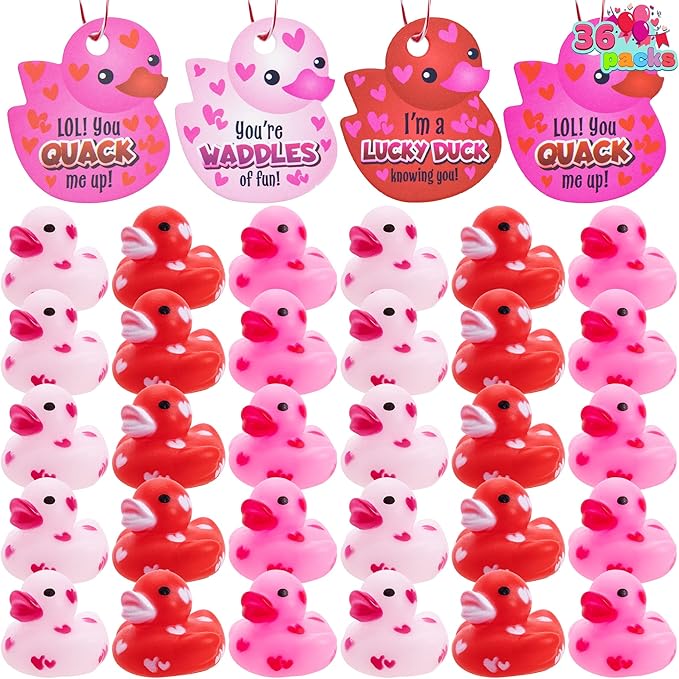 JOYIN 36 Pcs Valentine's Day Mini Rubber Duck With Gift Cards, 1.1 Inches Small Duckies With Card Tags, Bath Toys for Classroom Exchange Prizes, Party Favors