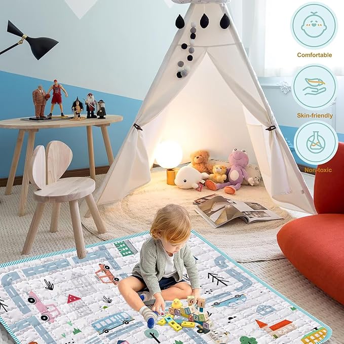 Baby Play Mats for Floor, 50X50 Playpen Mat, Thick Soft Car Play Mat Non-Slip Cushioned Crawling Mat Activity Playmats for Babies and Toddlers, Foldable & Machine Washable Playmat (City Car,50x50)