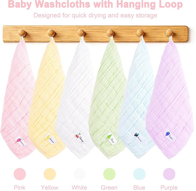 6 Pack Muslin Baby Washcloths 100 Cotton 6 Layer Soft Absorbent Gentle for Newborn Sensitive Skin Stretchy Multi Use for Face Bath and Burp Cloths 10x10 Inches Baby Shower Gift