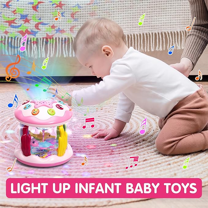 Letapapa Baby Toys 6 to 12 Months, 4 in 1 Ocaen Rotating Projector, Tummy Time Light Up Musical Toys for 6 7 8 9 12-18 Months, Educational Birthday Gifts for Baby Infants 1 2 Year Old Girls(Pink)