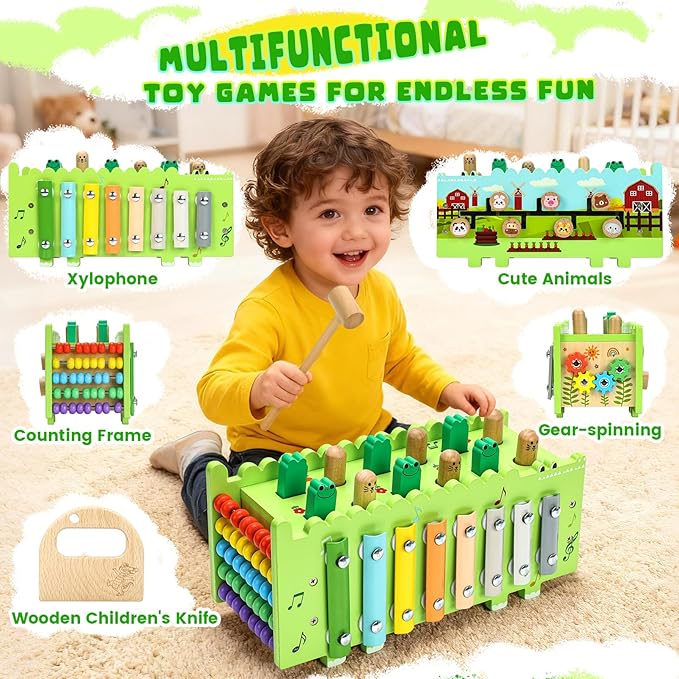 Wooden Activity Cube Montessori Toys for 12+ Months Baby Boys Girls | Hammering Pounding Toys with Abacus, Educational Toddler Activities Toys with Xylophone (Crocodile)