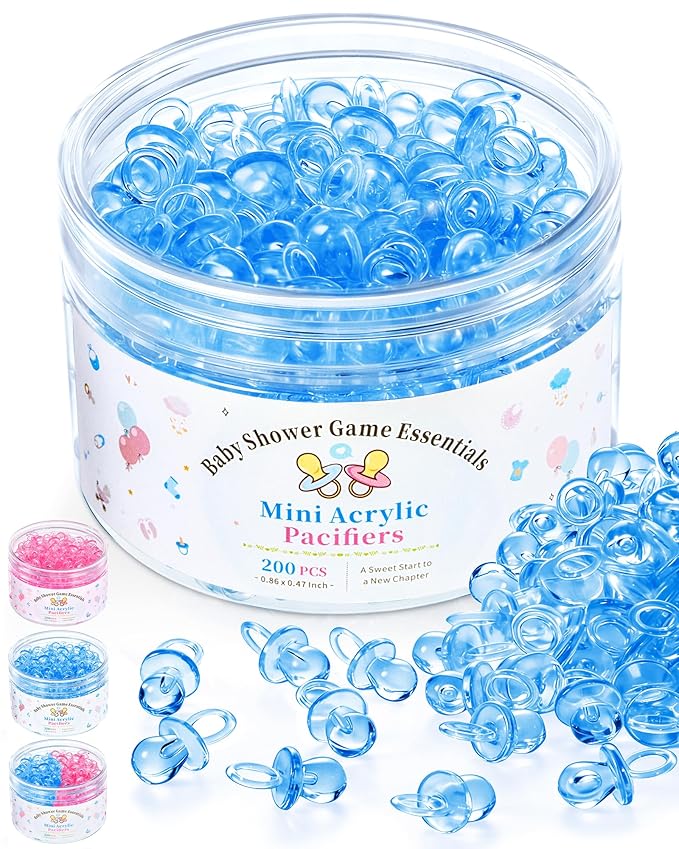 200 Pcs Mini Pacifiers Baby Shower Games, 0.86'' Acrylic Pacifiers in Clear Jar, Chupones para Baby Shower Pacifier for Party Favors, Table Scatter, Gender Reveal Decoration DIY Craft(Blue)