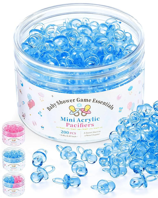 200 Pcs Mini Pacifiers Baby Shower Games, 0.86'' Acrylic Pacifiers in Clear Jar, Chupones para Baby Shower Pacifier for Party Favors, Table Scatter, Gender Reveal Decoration DIY Craft(Blue)