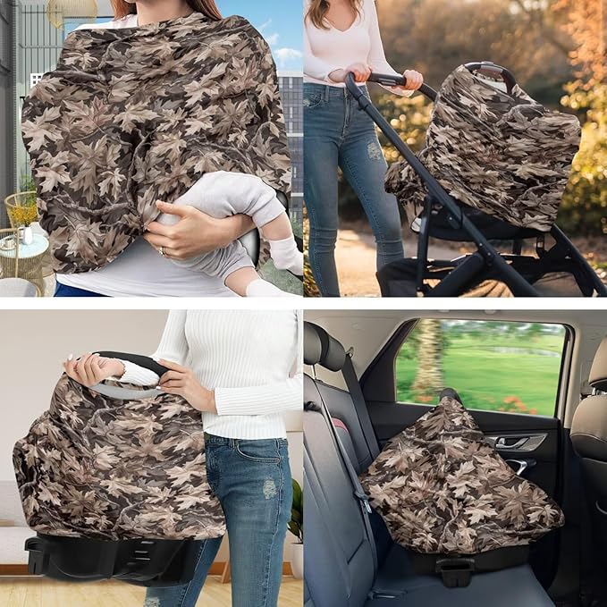 Camo Hunting Print Car Seat Cover with U-Shaped Pillowcases 2 Piece Set for Babies Stretchy Infant Carseat Cover Pillow Covers Breathable Nursing Cover-Up