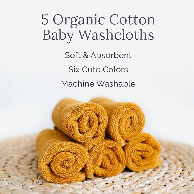 Natemia Organic Baby Washcloths (5 Pack, 12” x 12”) – 100% Organic Cotton – Ultra-Soft Baby Towels for Sensitive Skin – Newborn, Boys & Girls – Bathtime Wash Cloths, Baby Registry Must-Have (White)