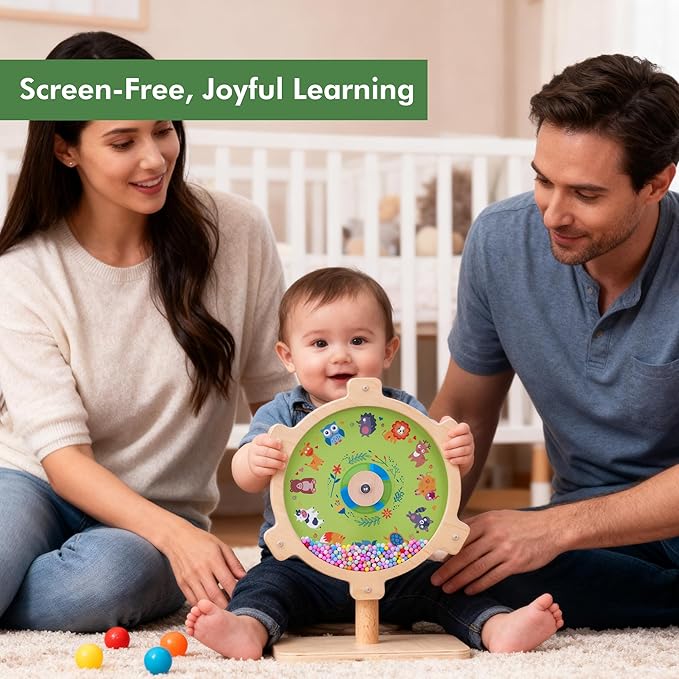 Spinning Activity Drum Toy with Sound, Montessori Wooden Sensory Toy for Babies, Perfect Birthday & Party Gift for 6-18 Months+