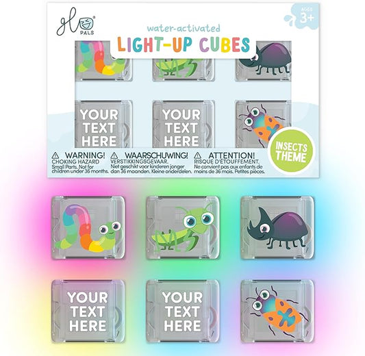Glo Pals Personalized Insects Theme Water-Activated Light-Up Cubes Bath Toy – 6 Pack Bath Toys for Kids, Custom Name Light Up Bath Cubes, Sensory Bath Toys for Toddlers