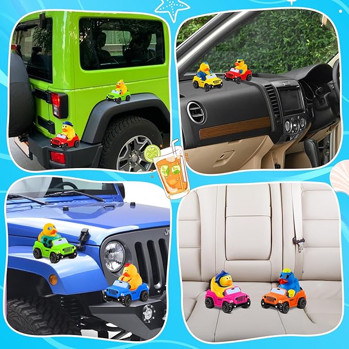 24 Pcs Summer Rubber Ducks for Jeeps, Summer Beach Rubber Ducks, 3.5 Inch Ducks for Jeeps ,2 Inch Ducks for Ducking, 12 Summer Ducks with 12 Cars, Summer Party Favors Gifts Swimming Pool Water Toys
