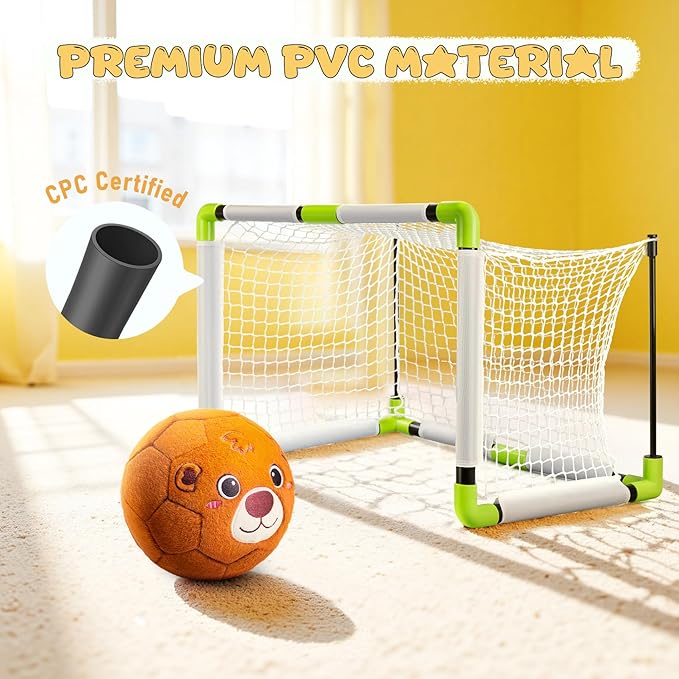 VangeBow Toddler Toy Soccer Goals for Backyard Indoor with Soft Plush Bear Ball, Mini Soccer Nets and Ball Set for Kids(Pump Include)
