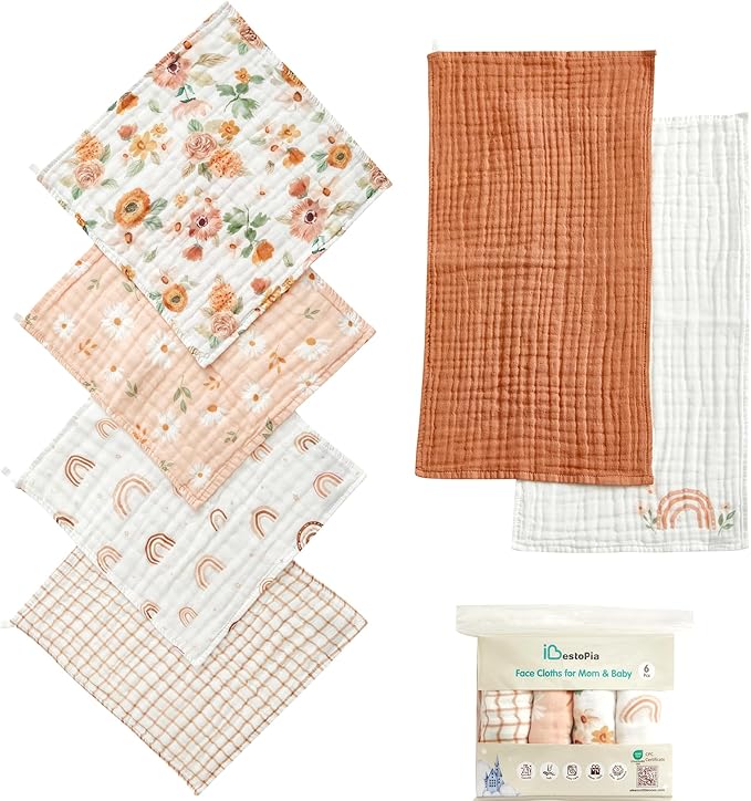 6-Pack Baby Washcloths & Long Towels, 100% Cotton Muslin Face Towels for Baby & Mom, Ultra-Soft Newborn Essentials with Gift Box, for Boys & Girls (Sunshine Rainbow Floral Series)