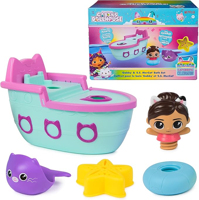 DreamWorks GABBY'S Dollhouse Gabby & SS Mercat Bath Set, Floating Toddler Bath Toys with Cruise Ship & Squirter, Kids Toys for Girls & Boys Ages 3+