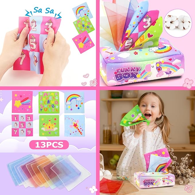 4 in 1 Baby Toys 6 to 12 Months,Learning Toys for Babies 6 12 18 Months, Infant Toys Stacking Rings,Busy Cube,Spinner Toys,Tissue Box Toy,Sensory Educational Gift for Toddlers Aged 1-3