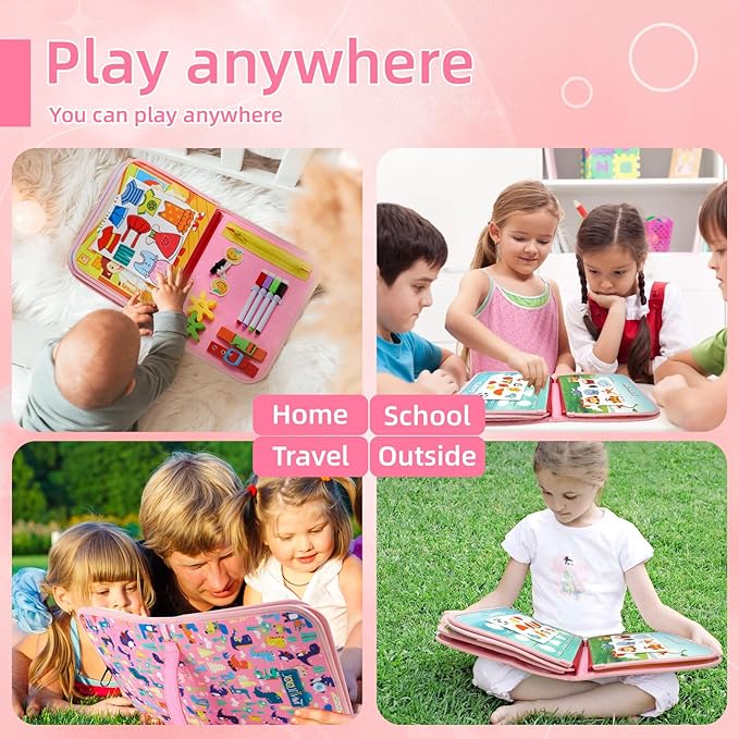 TUNJILOOL 10-in-1 Montessori Busy Board, Sensory Activity Board with Carry Sling, Detachable Pages for Fine Motor Skills & Travel