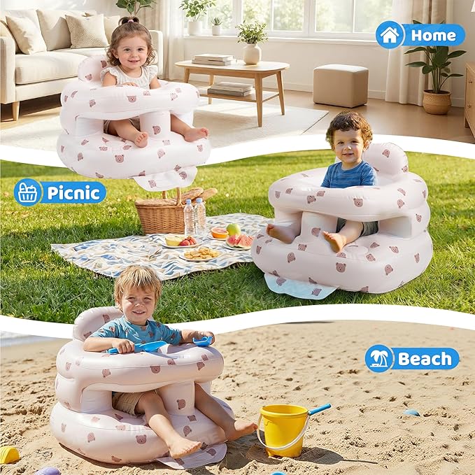 UNEEDE Inflatable Baby Seat for 3 Months & up, Infant Floor Baby Chair with Fence & Built in Air Pump, Lightweight Travel Baby Bath Seat for Home, Camping, Beach & Outdoor
