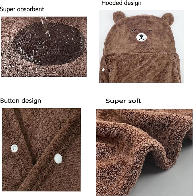 Toddler Baby Bath Towel with Hood 27.5"X55" Ultra Absorbent Soft Cozy Comfort Bathrobe Blanket, 0-6 Years Infant Shower Towel for Girls & Boys(Brown Bear)