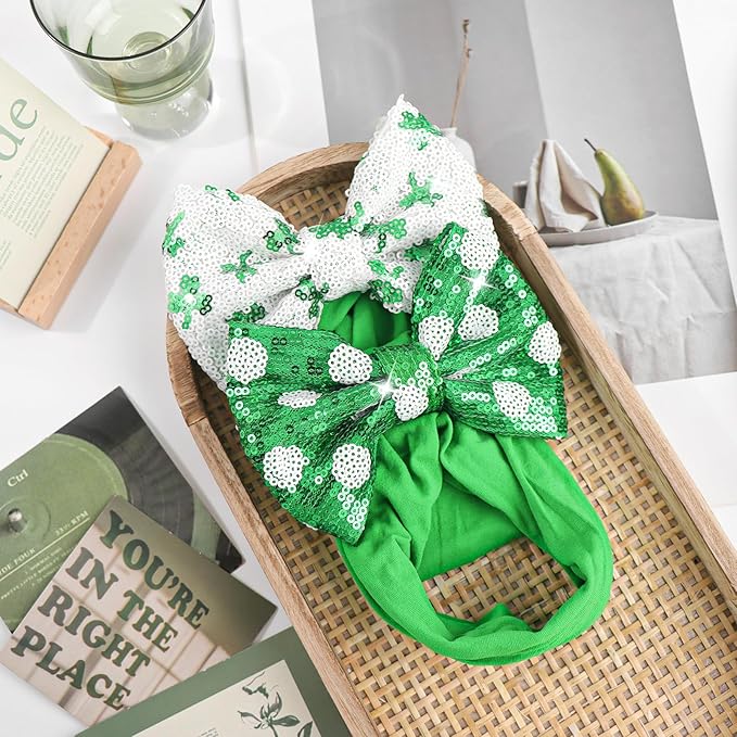 YanJie 5'' St.Patrick's Day Baby Headbands Green Sequins Bow Clover Headbands Shamrock Baby Girl Bows Large Newborn St.Patrick's Day Accessories