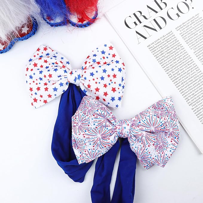 4th of July Toddler Nylon Headbands - Large Patriotic Star Bows, Hair Accessories for Newborn Infant and Baby Girls