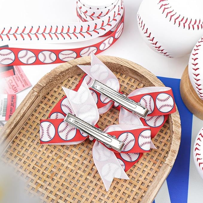 YanJie 2pcs 4'' Baseball Red Bow for Baby Girl Hair Clips Softball Grosgrain Ribbon Hair Accessories Alligator Clips for Toddler Teen Girls