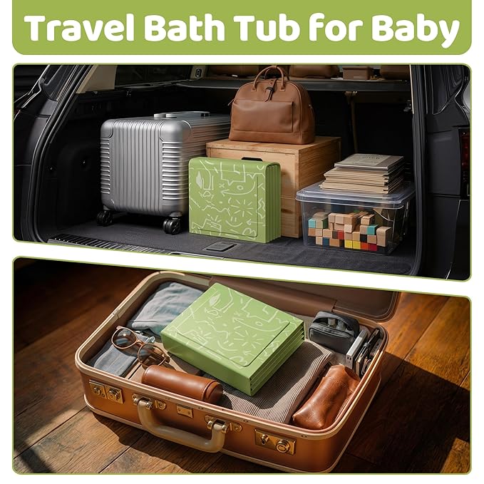Collapsible Baby Bathtub for Newborn to Toddler, Foldable Toddler Bathtub with Drain Plug, Non-Slip Portable Infant Bath Tub for Travel, Storage & Outdoor Use, Green