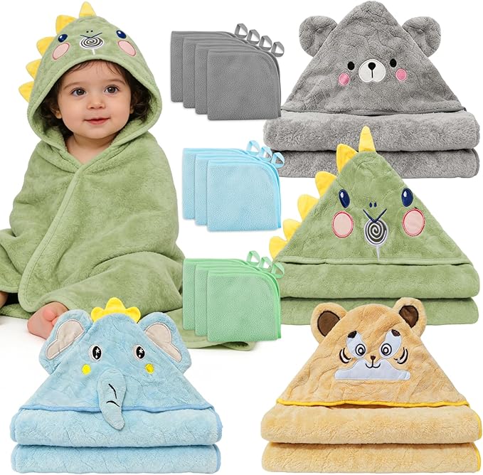 14 PCS Baby Bath Towels Set, 4 PCS Large 31"x31" Animal Hooded Towels & 10 Washcloths, Thick & Ultra Absorbent for Newborns Infants Toddlers 0-5 Years, Soft for Boys