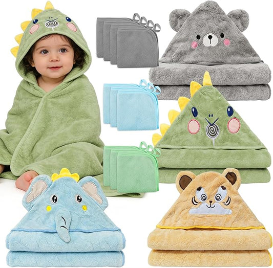 14 PCS Baby Bath Towels Set, 4 PCS Large 31"x31" Animal Hooded Towels & 10 Washcloths, Thick & Ultra Absorbent for Newborns Infants Toddlers 0-5 Years, Soft for Boys