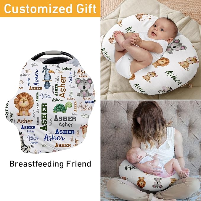 Custom Car Seat Covers for Babies - Breathable Baby Car Seat White Lion Pattern Cover for Girls Boys, Kick-Proof Newborn Carrier Canopy Stretchy Stroller Cover for 4 Seasons(27"x29")