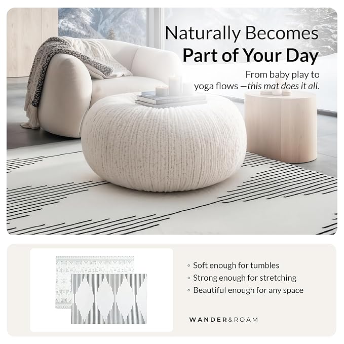 Wander & Roam Premium Reversible Play Mat - Soft Foam Child & Parent - Neutral Tribal + Mecca Design - Water Resistant, Easy to Clean, Non-Toxic - Black & White, 3+ Years