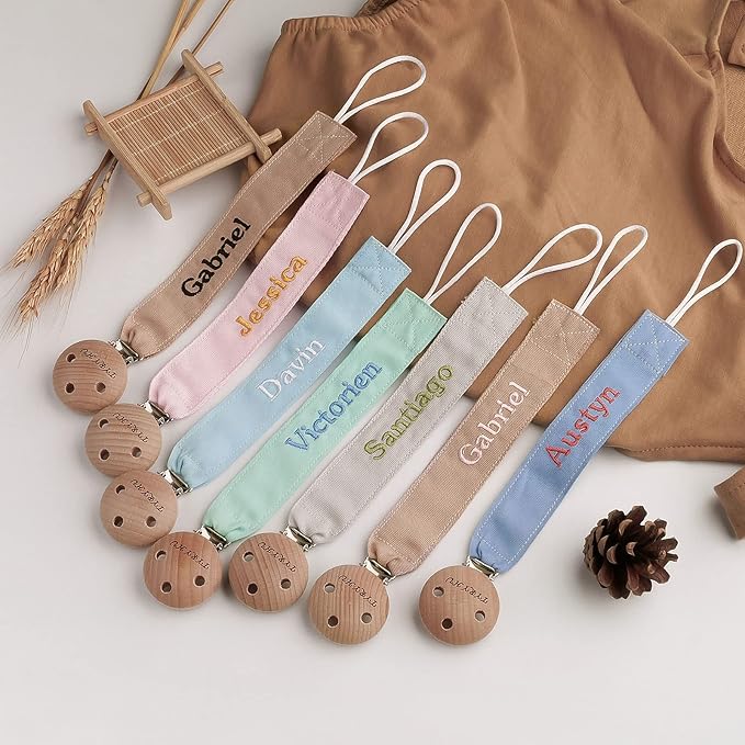 Personalized Pacifier Clip with Name, Customized Soft Webbing Binky Holder for Boys and Girls, Neutral Pacifier Holder Universally Fit All Pacifiers Style, 2 Pack(Pink, Green)