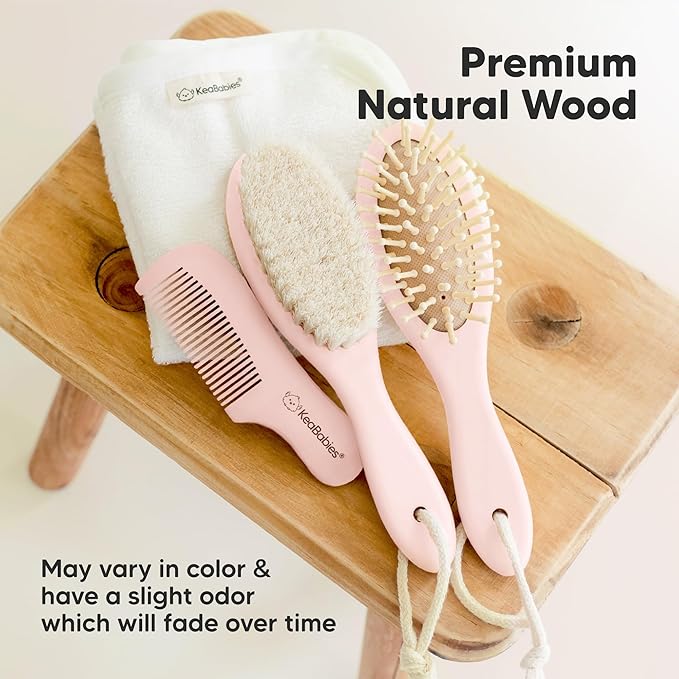 Wooden Baby Hair Brush for Toddler Girls, Boys - Cradle Cap Brush for Babies, Soft Goat Bristles, Perfect Gentle Scalp Newborn Comb for Infant, Girls, Boys, Bath Essentials(Blush, Regular)