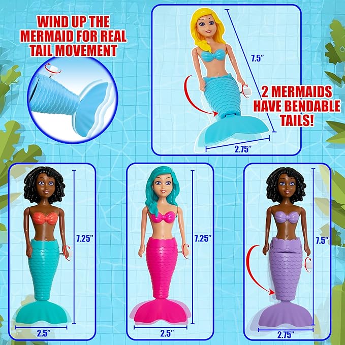 Kiddie Play Mermaid Toys – 4 Pc Wind-Up Mermaid Dolls Bath and Pool Swim Toys for Kids Toddlers, Mermaids Gifts for Girls