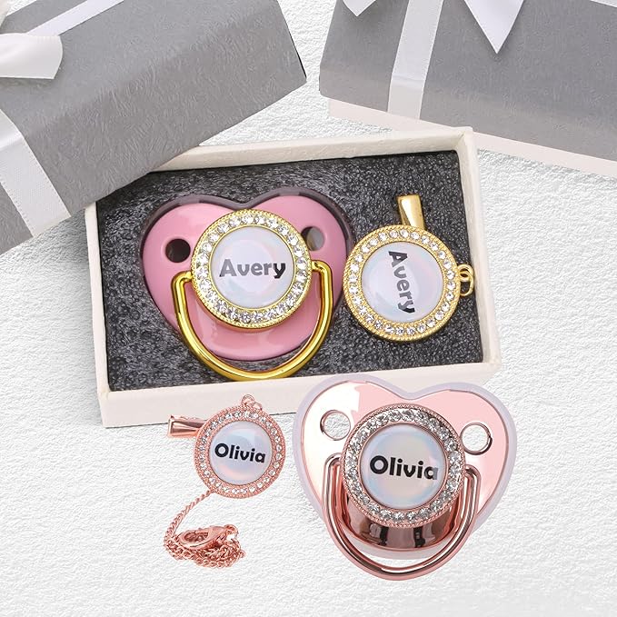 Customized Pacifier with Name, Bling Personalized Pacifier Clip Set with Gift Box, Luxury Crystal Bling Soother Dummy Ideal Gift for Newborn Girls Baby Shower(Red)