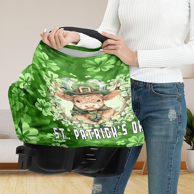 Wanyint Baby Car Seat Cover Cute Carseat Canopy for Babies Boys Girls Multi-Use Nursing Breastfeeding Covers Nursing Scarf for Saint Patrick's Day Decor, Highland Cow Clover Retro