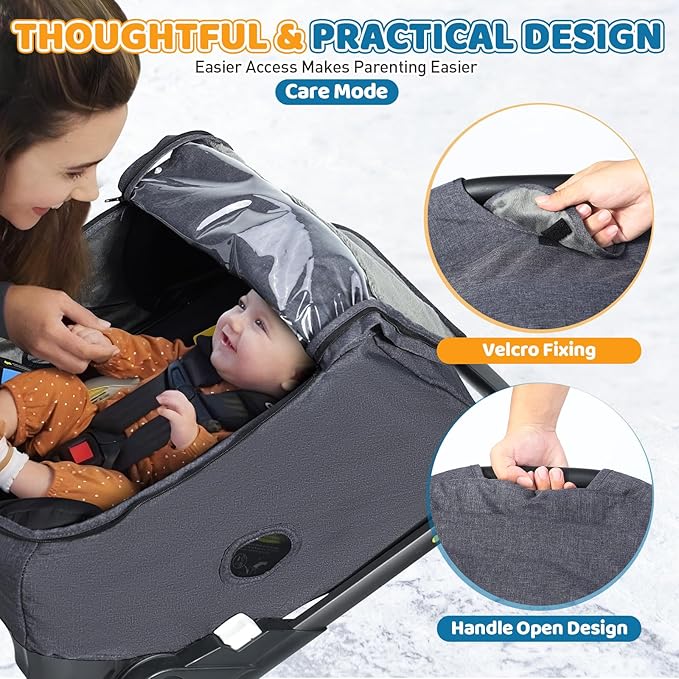Car Seat Rain Cover with Clear Peep Window, Universal Car Seat Cover Baby with Zipper Door and Side Ventilation, All-Round Snow, Wind & Rain Canopy Waterproof Cover, Machine Washable, Grey