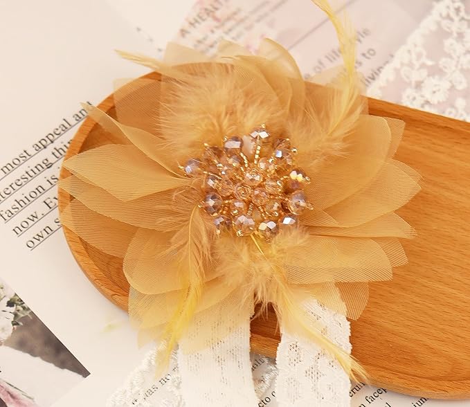 Bethynas Baby Girls Lace Feather Headband Beads Gauze Flower Elastic Toddler Hairband Birthday Party Princess Hair Accessories for Newborn Infant (Gold)