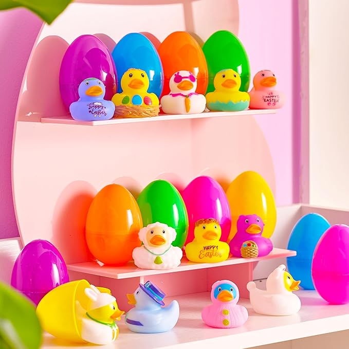 Joyin 12pcs Prefilled Easter Eggs with Rubber Ducks, Easter Bath Duckies Basket Stuffers for Toddlers & Babies, Bathtub Toys Easter Egg Hunt, Classroom Prizes for Kids